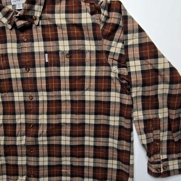 Carhartt Plaid Flannel Shirt Mens 2XL Brown Relaxed Fit Long Sleeve Button Up - Picture 5 of 9